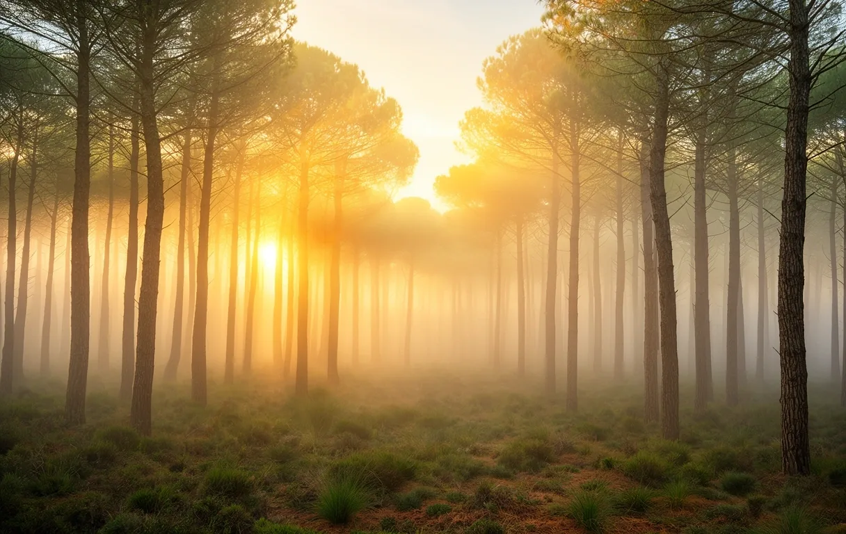 Bosque nebuloso en el amanecer español